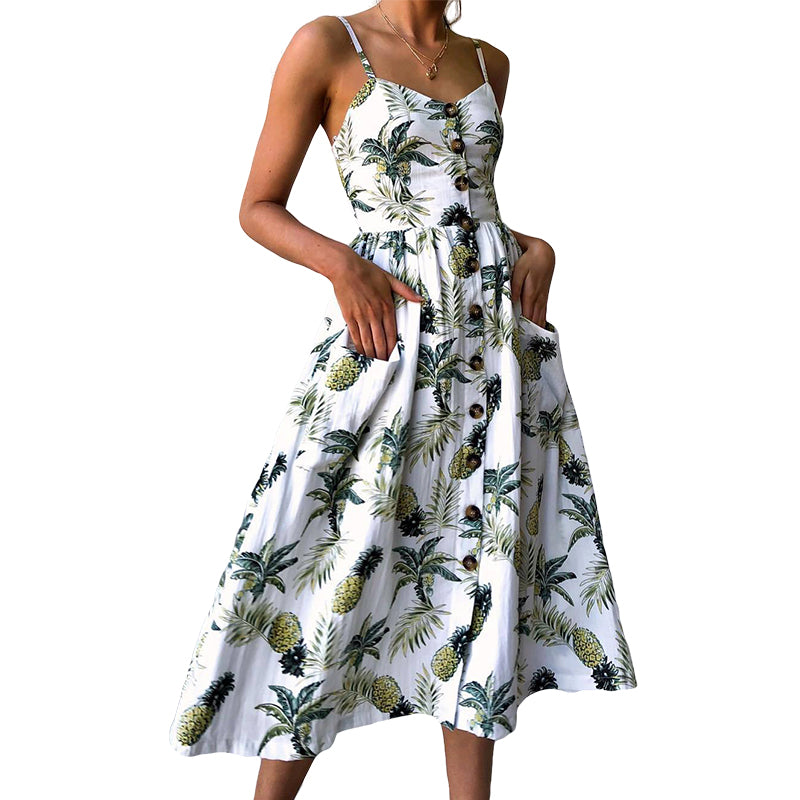 Sexy V Neck Backless Floral Summer Beach Dress Women White Boho Striped Button Sunflower Daisy Pineapple Party Midi Dresses