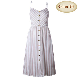 Sexy V Neck Backless Floral Summer Beach Dress Women White Boho Striped Button Sunflower Daisy Pineapple Party Midi Dresses