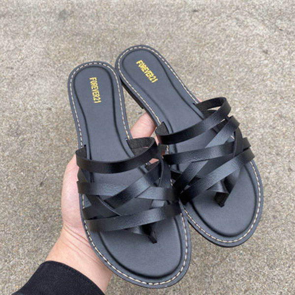 NAN JIU MOUNTAIN Flat Sandals Summer Women's Slippers Leather Comfortable Sole Cross Weave 8 Colors Woman Shoes Solid Color