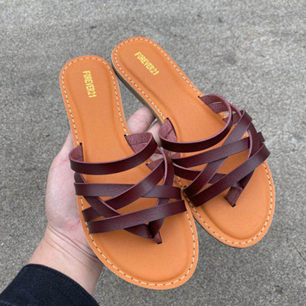 NAN JIU MOUNTAIN Flat Sandals Summer Women's Slippers Leather Comfortable Sole Cross Weave 8 Colors Woman Shoes Solid Color