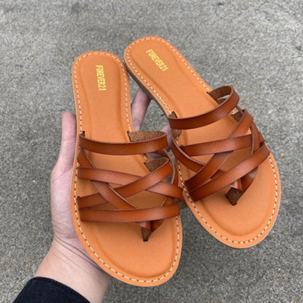 NAN JIU MOUNTAIN Flat Sandals Summer Women's Slippers Leather Comfortable Sole Cross Weave 8 Colors Woman Shoes Solid Color