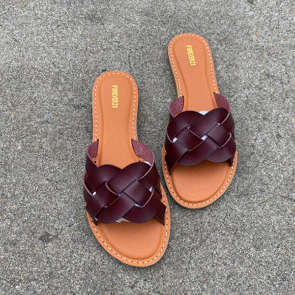 NAN JIU MOUNTAIN Flat Sandals Summer Women's Slippers Leather Comfortable Sole Cross Weave 8 Colors Woman Shoes Solid Color