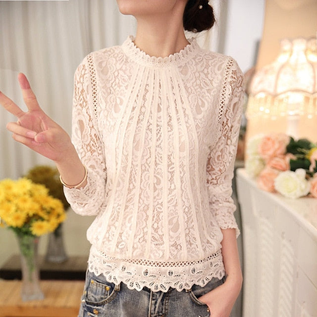 2020 New autumn Ladies White Blusas Women's Long Sleeve Chiffon Lace Crochet Tops Blouses Women Clothing Feminine Blouse 51C