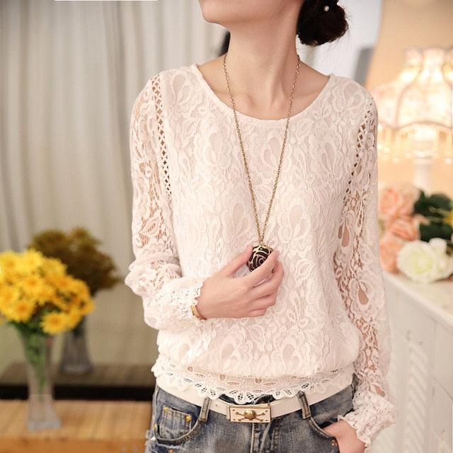 2020 New autumn Ladies White Blusas Women's Long Sleeve Chiffon Lace Crochet Tops Blouses Women Clothing Feminine Blouse 51C