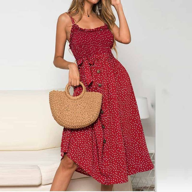 Sexy Summer Dress Women Bow Button Sleeveless Spaghetti Strap loose Pleated polka dot casual long beach Backless Vestidos 2020