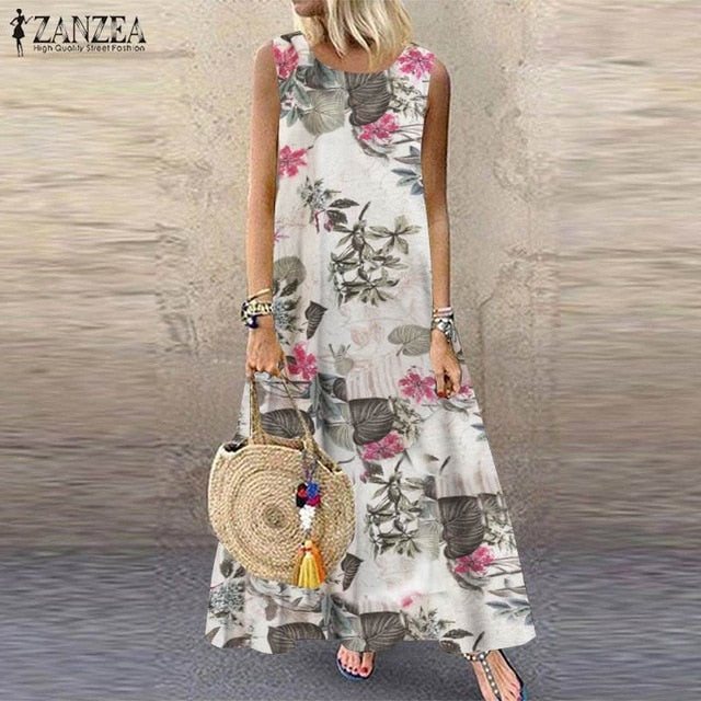 ZANZEA Women Bohemian Sleeveless Floral Printed Sundress Summer Dress Robe Vintage Kaftan Beach Vestido Femme Sarafans Plus Size