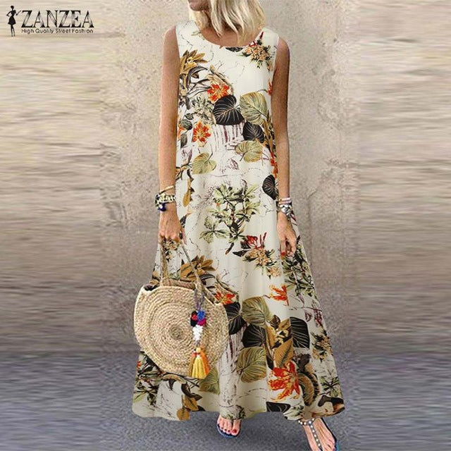 ZANZEA Women Bohemian Sleeveless Floral Printed Sundress Summer Dress Robe Vintage Kaftan Beach Vestido Femme Sarafans Plus Size