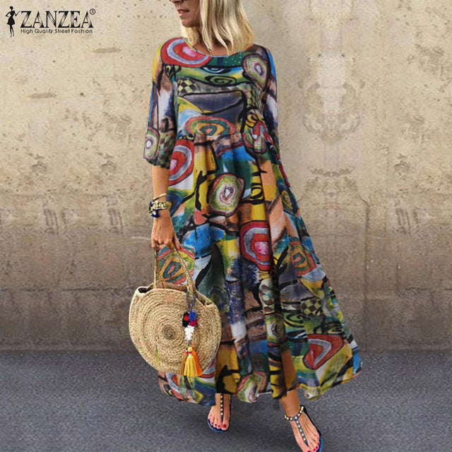 ZANZEA Women Bohemian Sleeveless Floral Printed Sundress Summer Dress Robe Vintage Kaftan Beach Vestido Femme Sarafans Plus Size