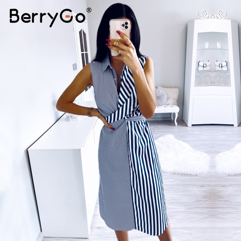 BerryGo Sleeveless striped women summer dress Casual collar shirt dress office ladies Holiday chic beach wear long dress female