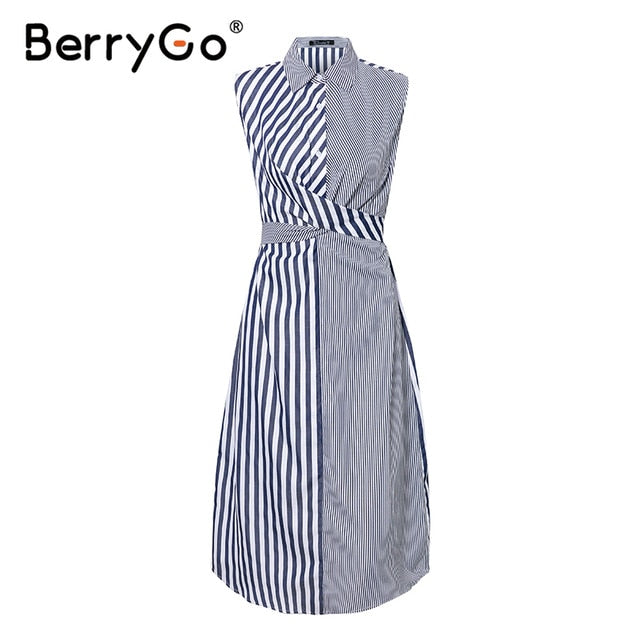 BerryGo Sleeveless striped women summer dress Casual collar shirt dress office ladies Holiday chic beach wear long dress female