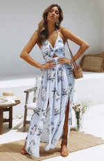 Boho Summer Floral Long Maxi Dress Women Sexy Halter Backless Straps Evening Party Beach Dresses Holiday Wear Sundress