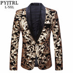 PYJTRL Men Shawl Lapel Blazer Designs Plus Size 5XL Black Velvet Gold Flowers Sequins Suit Jacket DJ Club Stage Singer Clothes