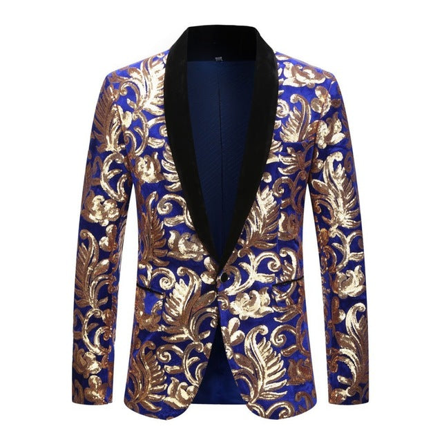 PYJTRL Men Shawl Lapel Blazer Designs Plus Size 5XL Black Velvet Gold Flowers Sequins Suit Jacket DJ Club Stage Singer Clothes