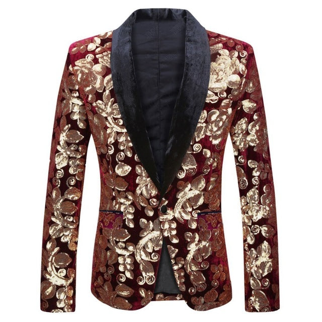 PYJTRL Men Shawl Lapel Blazer Designs Plus Size 5XL Black Velvet Gold Flowers Sequins Suit Jacket DJ Club Stage Singer Clothes