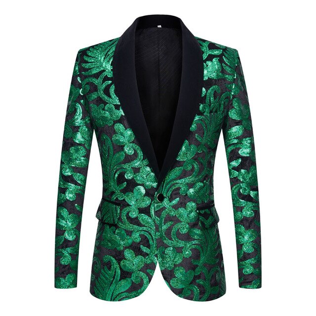 PYJTRL Men Shawl Lapel Blazer Designs Plus Size 5XL Black Velvet Gold Flowers Sequins Suit Jacket DJ Club Stage Singer Clothes