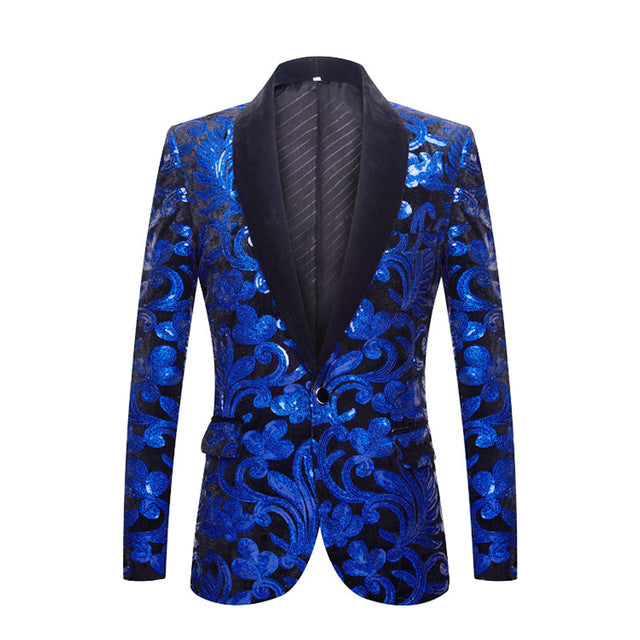 PYJTRL Men Shawl Lapel Blazer Designs Plus Size 5XL Black Velvet Gold Flowers Sequins Suit Jacket DJ Club Stage Singer Clothes