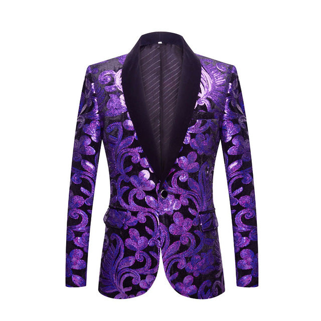 PYJTRL Men Shawl Lapel Blazer Designs Plus Size 5XL Black Velvet Gold Flowers Sequins Suit Jacket DJ Club Stage Singer Clothes