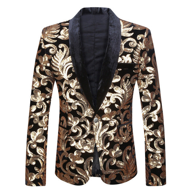 PYJTRL Men Shawl Lapel Blazer Designs Plus Size 5XL Black Velvet Gold Flowers Sequins Suit Jacket DJ Club Stage Singer Clothes