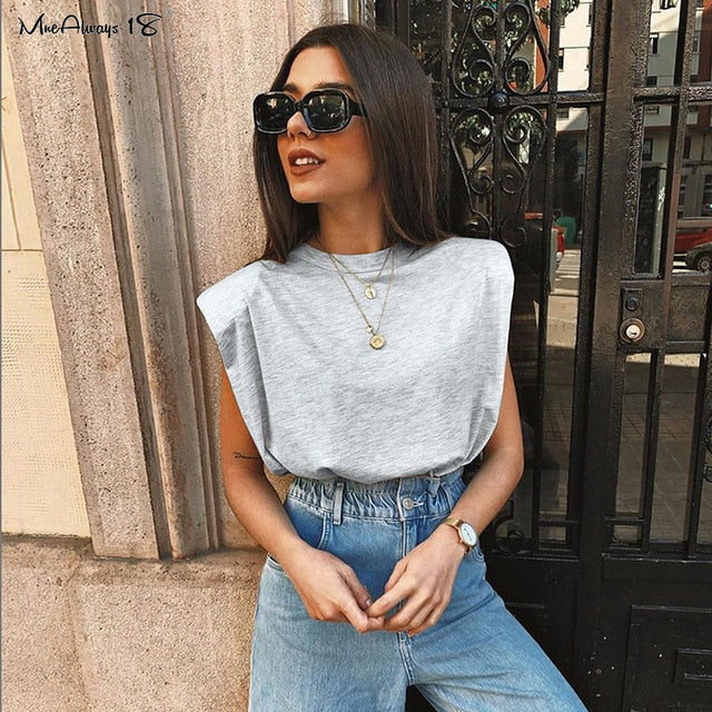 Mnealways18 Casual Loose Tank Tops White Summer Sleeveless Top Women Shoulder Pad Female T-Shirt Black Basic Knitwear Top 2020