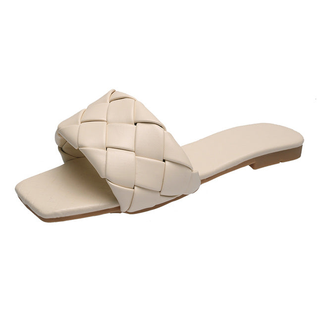 Rimocy Soft Leather Woven Slippers Women Summer 2020 Flat Heels Beach Casual Slides Shoes Woman Outdoor Sandals Flip Flops Muter