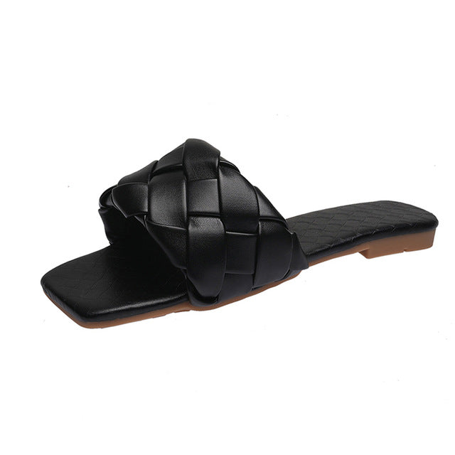 Rimocy Soft Leather Woven Slippers Women Summer 2020 Flat Heels Beach Casual Slides Shoes Woman Outdoor Sandals Flip Flops Muter