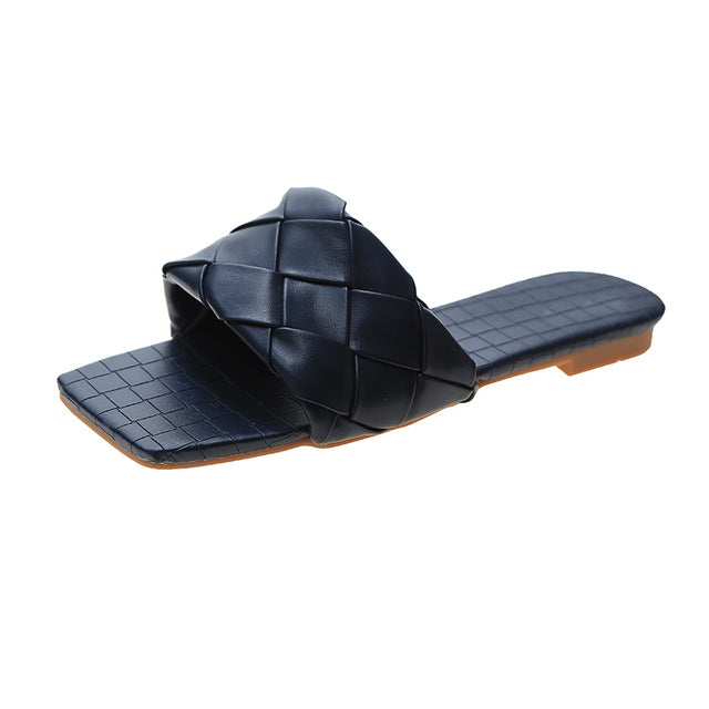 Rimocy Soft Leather Woven Slippers Women Summer 2020 Flat Heels Beach Casual Slides Shoes Woman Outdoor Sandals Flip Flops Muter