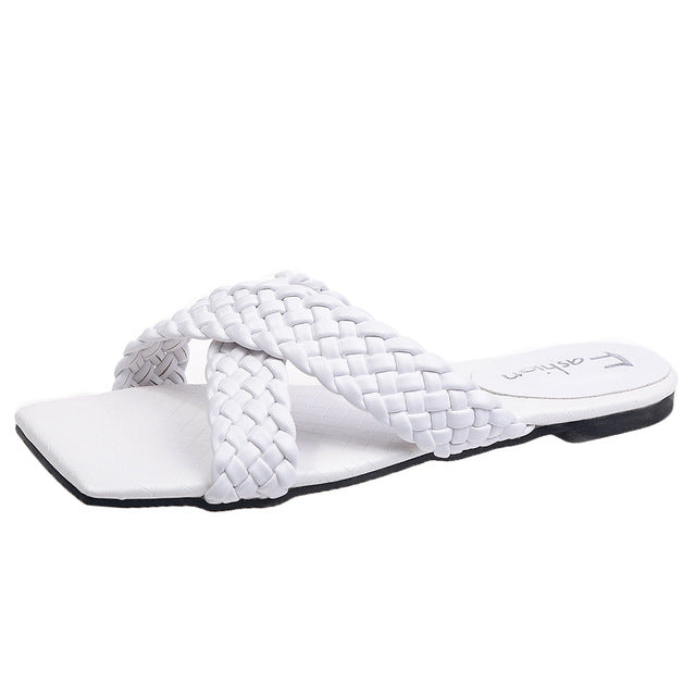 Rimocy Soft Leather Woven Slippers Women Summer 2020 Flat Heels Beach Casual Slides Shoes Woman Outdoor Sandals Flip Flops Muter