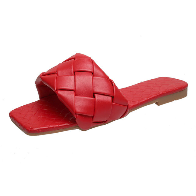 Rimocy Soft Leather Woven Slippers Women Summer 2020 Flat Heels Beach Casual Slides Shoes Woman Outdoor Sandals Flip Flops Muter