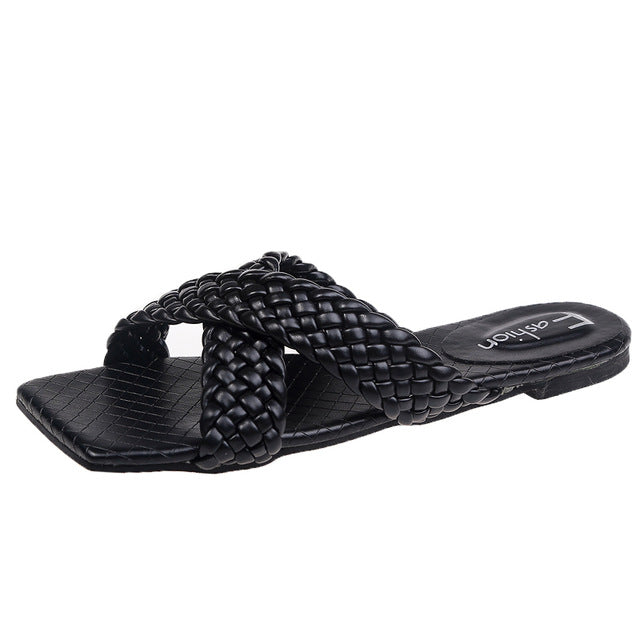 Rimocy Soft Leather Woven Slippers Women Summer 2020 Flat Heels Beach Casual Slides Shoes Woman Outdoor Sandals Flip Flops Muter