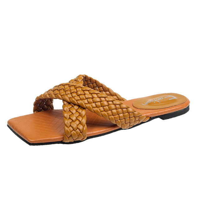 Rimocy Soft Leather Woven Slippers Women Summer 2020 Flat Heels Beach Casual Slides Shoes Woman Outdoor Sandals Flip Flops Muter