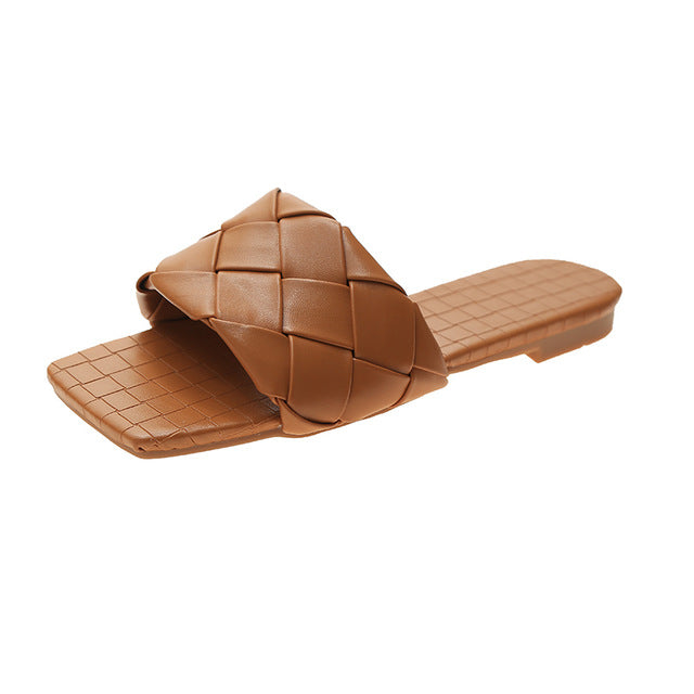 Rimocy Soft Leather Woven Slippers Women Summer 2020 Flat Heels Beach Casual Slides Shoes Woman Outdoor Sandals Flip Flops Muter