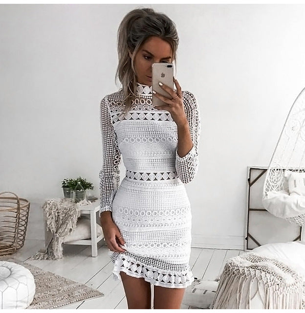 Lossky Sexy Lace Stitching Hollow Out Dress Elegant Women Sleeveless White Summer Chic Short Club Party Clothes Dresses 2020