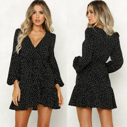 Women V Neck Polka Dot Black Mini Party Dress Autumn Winter Long Sleeve Elegant Wrap