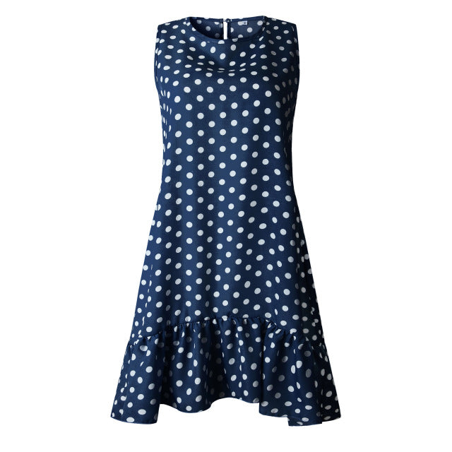 Women Summer Dress Fashion Polka Dot Sleeveless Beach Mini Dress For Women Casual Print Short Loose Blue Sundress 2020 Plus Size