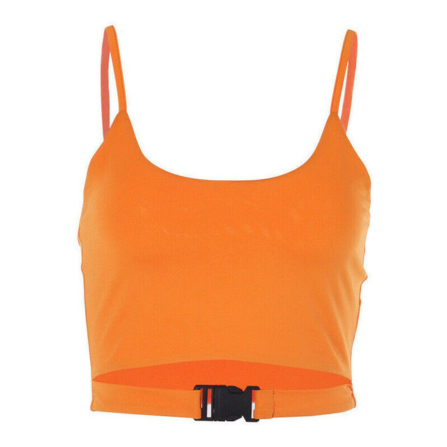 Women Sexy  Spaghetti Strap Crop Tops Summer Harajuku Solid Slash Neon Street Wear