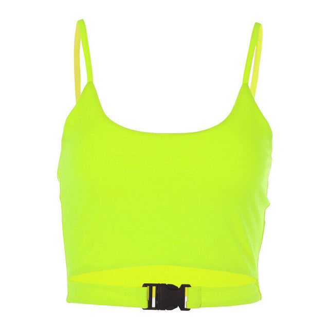 Women Sexy  Spaghetti Strap Crop Tops Summer Harajuku Solid Slash Neon Street Wear