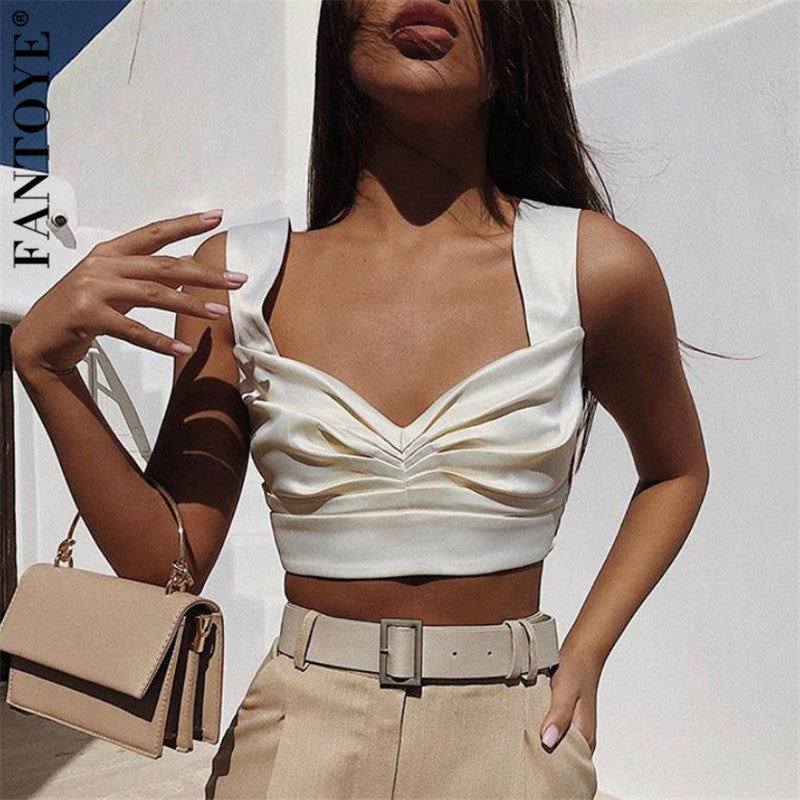Fantoye Sexy Satin V Neck Women Camisole Tank Tops Casual Summer Silk Ruched Tops For Women Sleeveless Bustier Crop Tops Camis