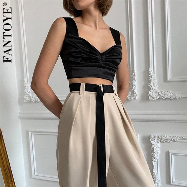 Fantoye Sexy Satin V Neck Women Camisole Tank Tops Casual Summer Silk Ruched Tops For Women Sleeveless Bustier Crop Tops Camis