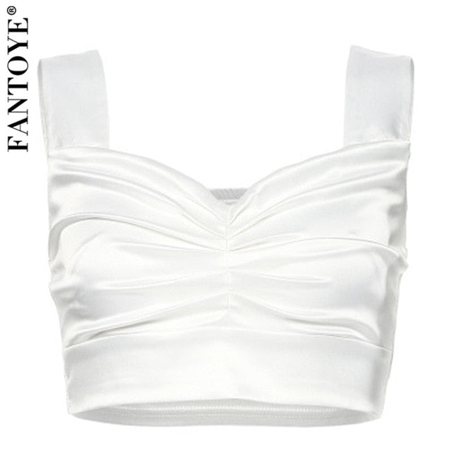Fantoye Sexy Satin V Neck Women Camisole Tank Tops Casual Summer Silk Ruched Tops For Women Sleeveless Bustier Crop Tops Camis