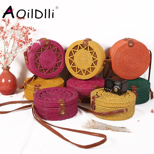 Round straw bag beach bag woven large capacity single shoulder hand crochet Summer girl bag