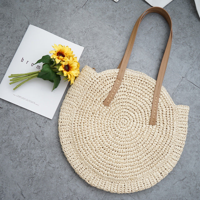 Round straw bag beach bag woven large capacity single shoulder hand crochet Summer girl bag