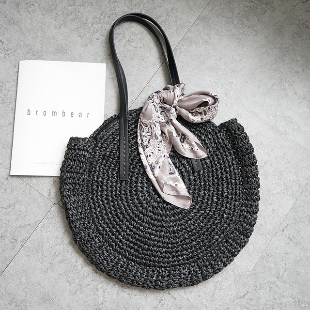 Round straw bag beach bag woven large capacity single shoulder hand crochet Summer girl bag