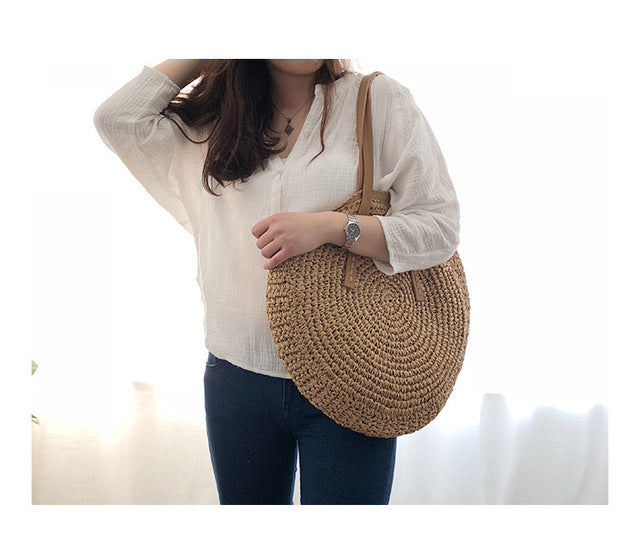 Round straw bag beach bag woven large capacity single shoulder hand crochet Summer girl bag