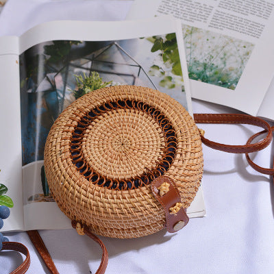 Round straw bag beach bag woven large capacity single shoulder hand crochet Summer girl bag