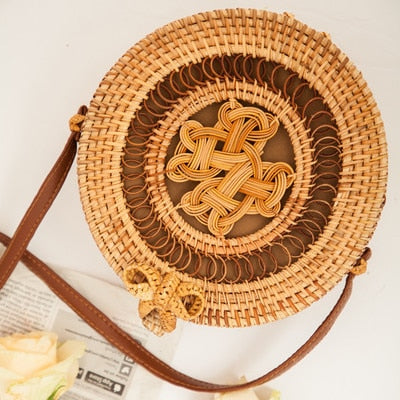Round straw bag beach bag woven large capacity single shoulder hand crochet Summer girl bag
