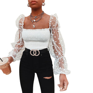 Women Square Collar Blouse 2020 New Arrival Female Summer Puff Ruffle Long Sleeve Shirt White Black Casual Ruched Blouse Tops