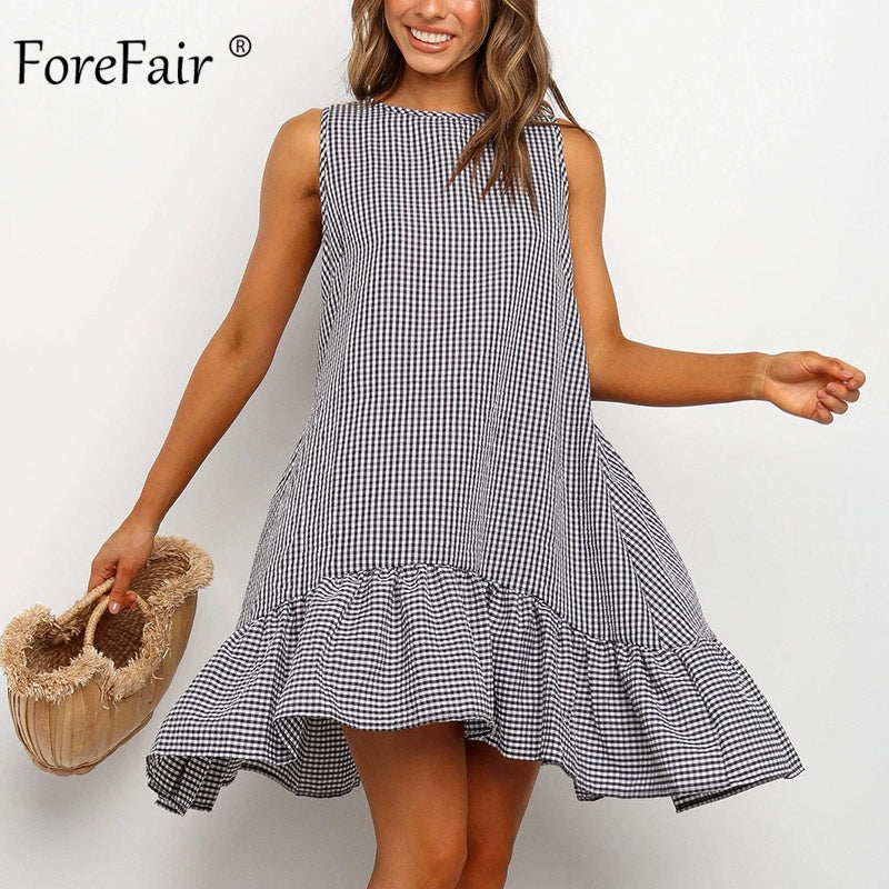 Forefair Casual Summer Boho Dress Plaid O Neck Off Shoulder Sundress Loose Plus Size Ruffle 2020 Women Beach Dress