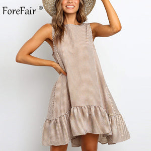 Forefair Casual Summer Boho Dress Plaid O Neck Off Shoulder Sundress Loose Plus Size Ruffle 2020 Women Beach Dress