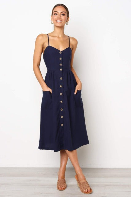 Casual Female Sundress Women Summer Dress 2020 Sexy Midi Dress Ladies Vintage Vestidos Backless Straps Plus Size Dresses Button