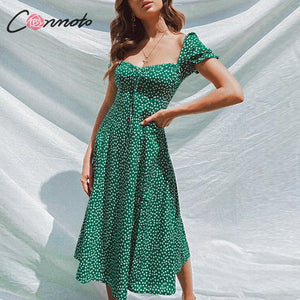 Conmoto Summer Vintage Party Dress Square Collar Ruffle Elegant Sexy Dress Beach Female Green Floral Print Mid Dresses Vestidos